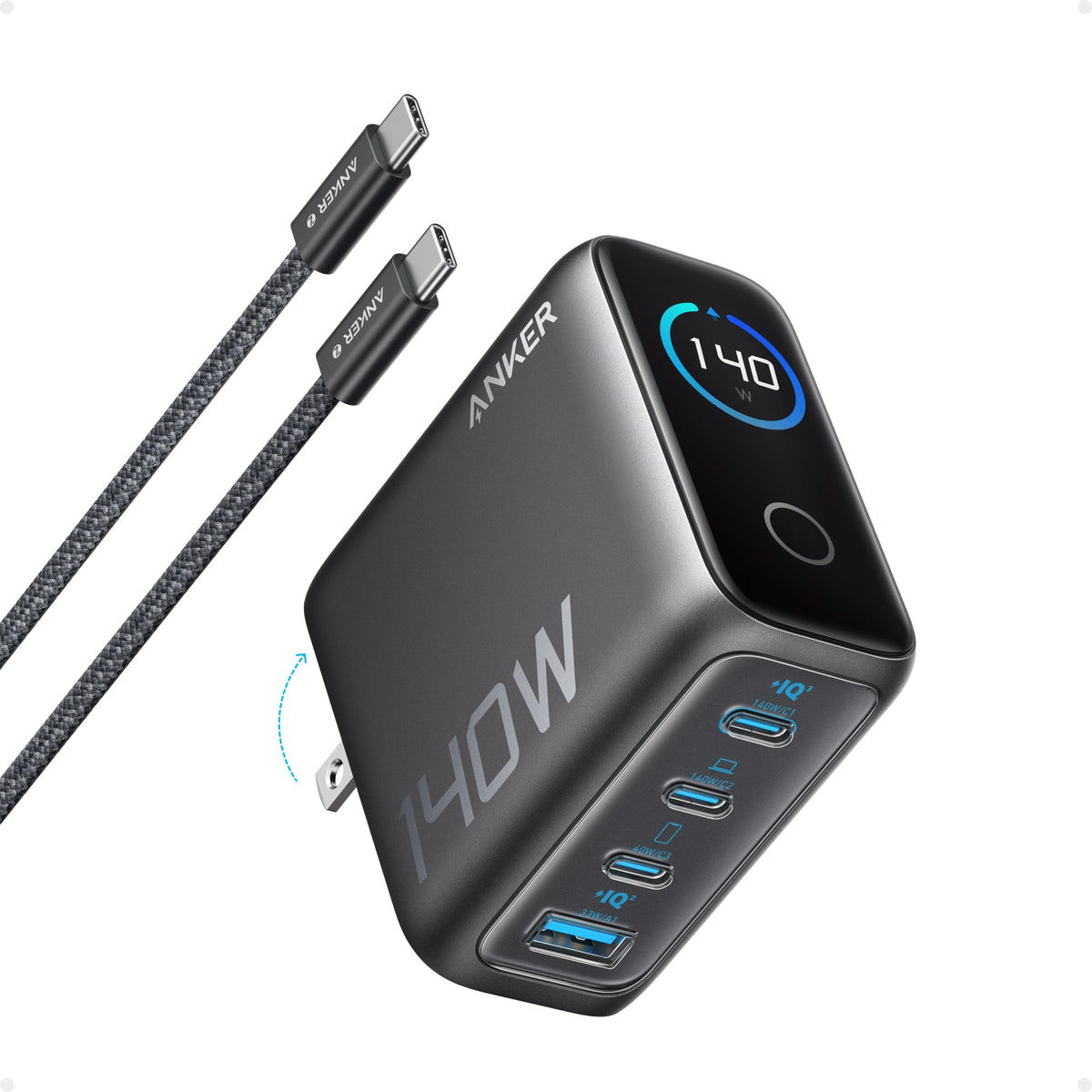 Anker Laptop Charger, 140W USB C Charger, 4-Port Multi-Device Fast Charging, Advanced GaN Power Adapter, Intuitive Touch Controls, for MacBook, iPhone 16 Series, Samsung Galaxy, Pixel, and More