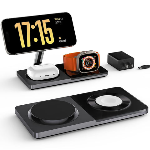 3 in 1 Charging Station for Apple Devices: Mag-Safe Charger Stand Fast Charging, Wireless Charger for iPhone 16/15/14/13/12 Series, Apple Watch Series 1-9/Ultra, AirPods Pro,30W USB Charger (Black)