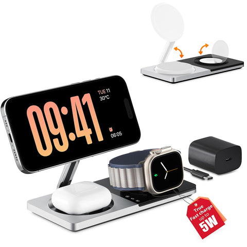 3 in 1 Charging Station for Apple Devices: Mag-Safe Charger Stand Fast Charging, Wireless Charger for iPhone 16/15/14/13/12 Series, Apple Watch Series 1-9/Ultra, AirPods Pro,30W USB Charger (Black)