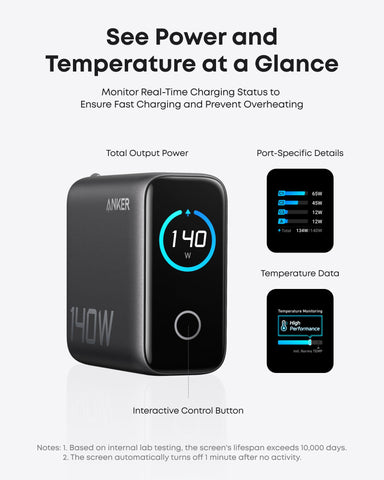 Anker Laptop Charger, 140W USB C Charger, 4-Port Multi-Device Fast Charging, Advanced GaN Power Adapter, Intuitive Touch Controls, for MacBook, iPhone 16 Series, Samsung Galaxy, Pixel, and More