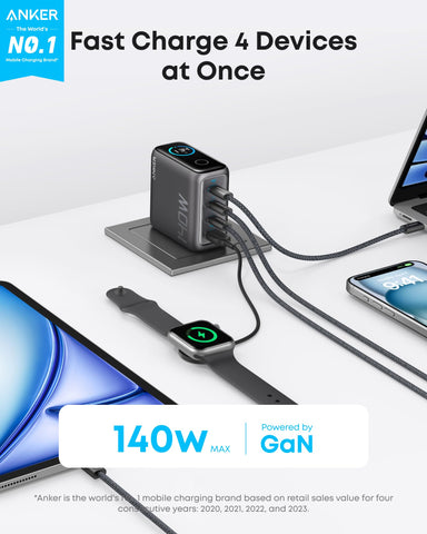 Anker Laptop Charger, 140W USB C Charger, 4-Port Multi-Device Fast Charging, Advanced GaN Power Adapter, Intuitive Touch Controls, for MacBook, iPhone 16 Series, Samsung Galaxy, Pixel, and More