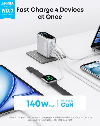 Anker Laptop Charger, 140W USB C Charger, 4-Port Multi-Device Fast Charging, Advanced GaN Power Adapter, Intuitive Touch Controls, for MacBook, iPhone 16 Series, Samsung Galaxy, Pixel, and More
