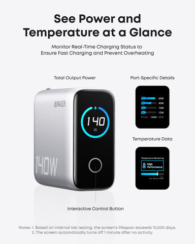 Anker Laptop Charger, 140W USB C Charger, 4-Port Multi-Device Fast Charging, Advanced GaN Power Adapter, Intuitive Touch Controls, for MacBook, iPhone 16 Series, Samsung Galaxy, Pixel, and More