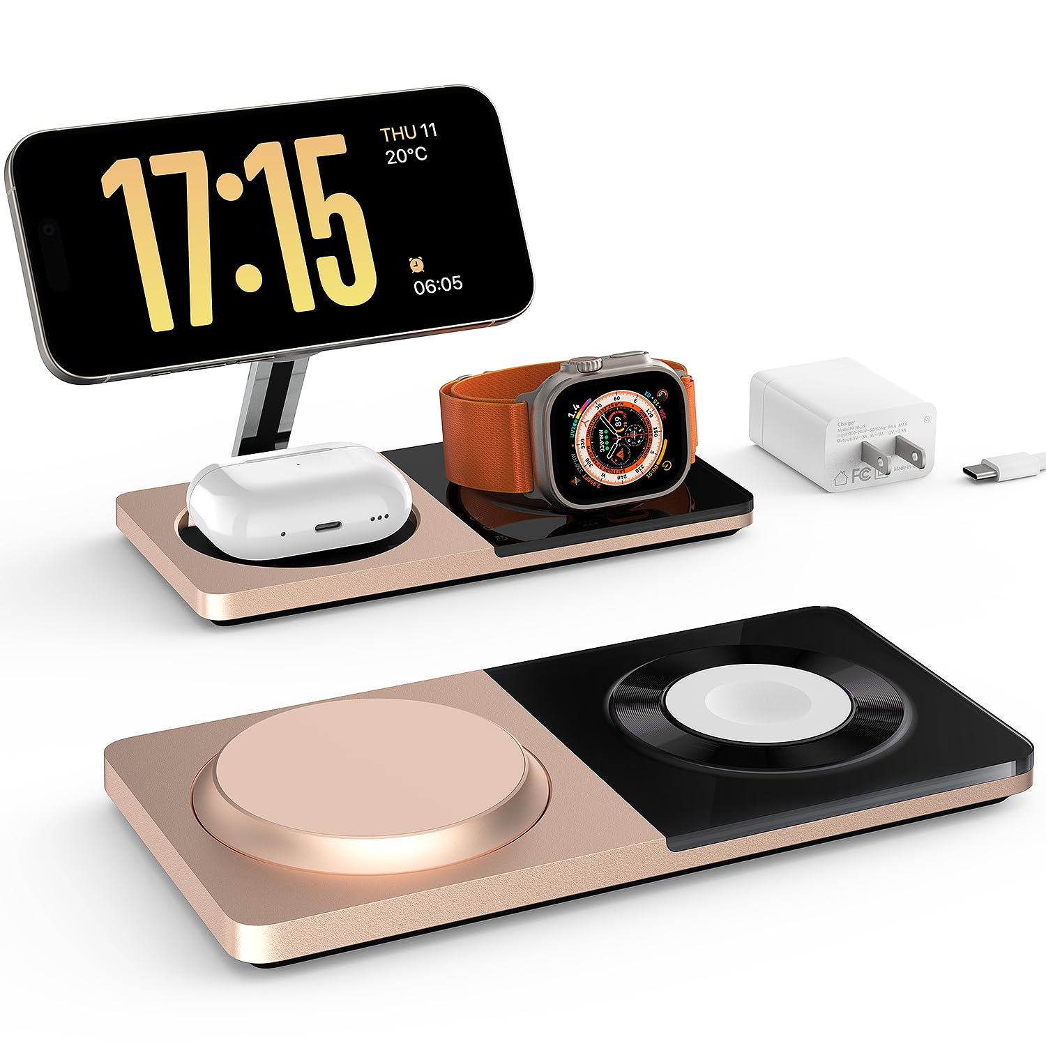 3 in 1 Charging Station for Apple Devices: Mag-Safe Charger Stand Fast Charging, Wireless Charger for iPhone 16/15/14/13/12 Series, Apple Watch Series 1-9/Ultra, AirPods Pro,30W USB Charger (Black)