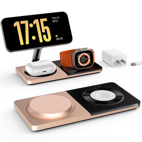 3 in 1 Charging Station for Apple Devices: Mag-Safe Charger Stand Fast Charging, Wireless Charger for iPhone 16/15/14/13/12 Series, Apple Watch Series 1-9/Ultra, AirPods Pro,30W USB Charger (Black)
