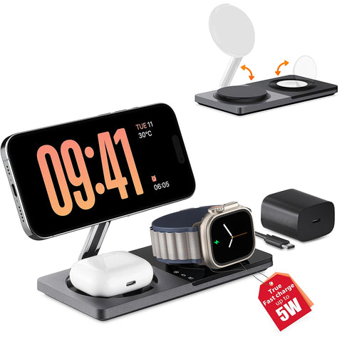 3 in 1 Charging Station for Apple Devices: Mag-Safe Charger Stand Fast Charging, Wireless Charger for iPhone 16/15/14/13/12 Series, Apple Watch Series 1-9/Ultra, AirPods Pro,30W USB Charger (Black)