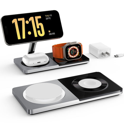 3 in 1 Charging Station for Apple Devices: Mag-Safe Charger Stand Fast Charging, Wireless Charger for iPhone 16/15/14/13/12 Series, Apple Watch Series 1-9/Ultra, AirPods Pro,30W USB Charger (Black)
