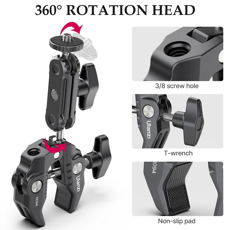 Ulanzi R094 Metal Super Clamp with Double Ball Head Magic Arm Clamp with 1/4" 3/8" Hole for DSLR Camera Monitor Light Mic Mount