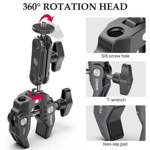 Ulanzi R094 Metal Super Clamp with Double Ball Head Magic Arm Clamp with 1/4" 3/8" Hole for DSLR Camera Monitor Light Mic Mount