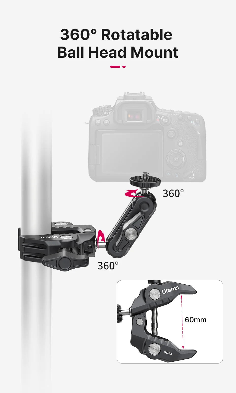 Ulanzi R094 Metal Super Clamp with Double Ball Head Magic Arm Clamp with 1/4" 3/8" Hole for DSLR Camera Monitor Light Mic Mount