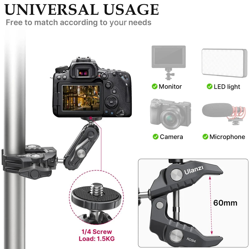 Ulanzi R094 Metal Super Clamp with Double Ball Head Magic Arm Clamp with 1/4" 3/8" Hole for DSLR Camera Monitor Light Mic Mount