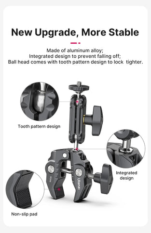 Ulanzi R094 Metal Super Clamp with Double Ball Head Magic Arm Clamp with 1/4" 3/8" Hole for DSLR Camera Monitor Light Mic Mount
