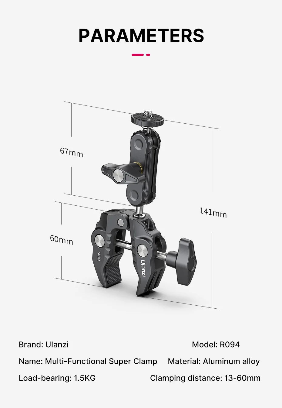 Ulanzi R094 Metal Super Clamp with Double Ball Head Magic Arm Clamp with 1/4" 3/8" Hole for DSLR Camera Monitor Light Mic Mount