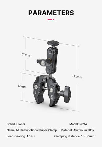 Ulanzi R094 Metal Super Clamp with Double Ball Head Magic Arm Clamp with 1/4" 3/8" Hole for DSLR Camera Monitor Light Mic Mount