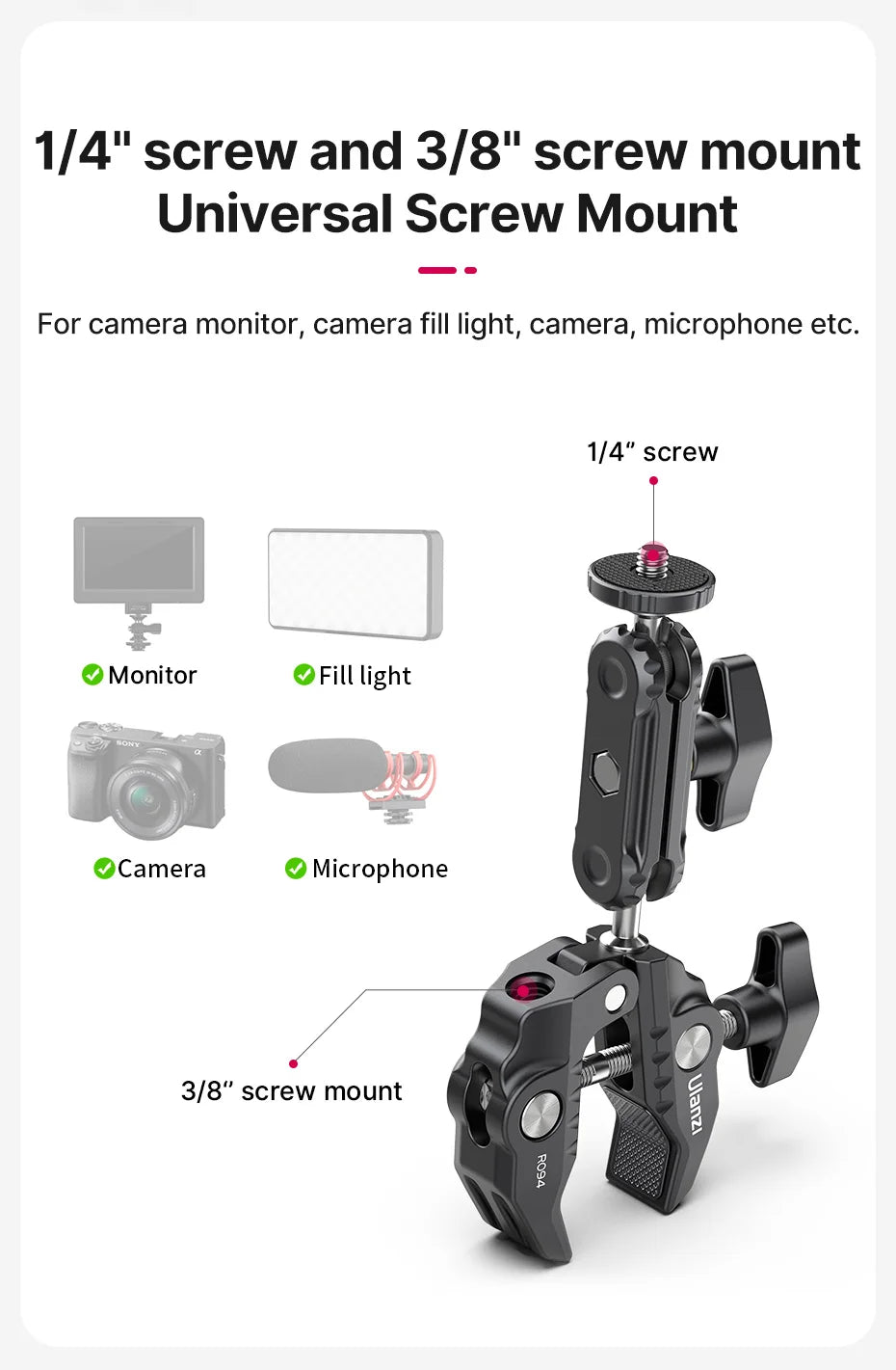 Ulanzi R094 Metal Super Clamp with Double Ball Head Magic Arm Clamp with 1/4" 3/8" Hole for DSLR Camera Monitor Light Mic Mount