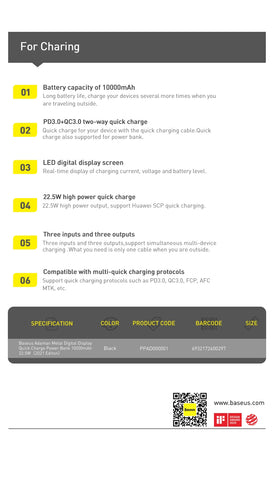 Baseus Power Bank 10000mAh 22.5W PD Fast Charging Powerbank Portable External Battery For iPhone 15 14 12 13 Pro Samsung Huawei