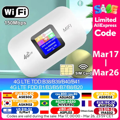 4G Lte Router Wireless Wifi Portable Modem Mini Outdoor Hotspot Pocket Mifi 150mbps Sim Card Slot Repeater 3000mah
