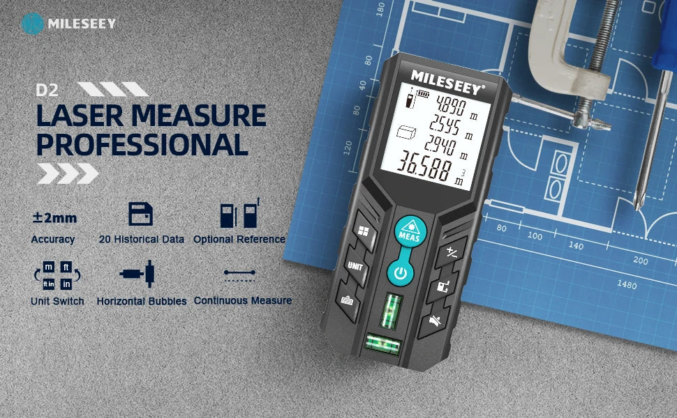MILESEEY Laser Rangefinder D2 40M 60M 100M 120M Laser Tape Measure Double Horizontal Bubble Digital Roulette
