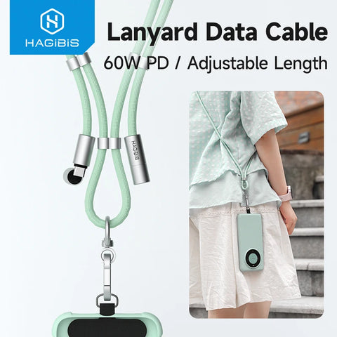 Hagibis Universal Phone Lanyard USB C Cable 2 in 1 Phone Strap C to C/C to L Charging Cord for iPhone 16 15 Pro Max Most Phones