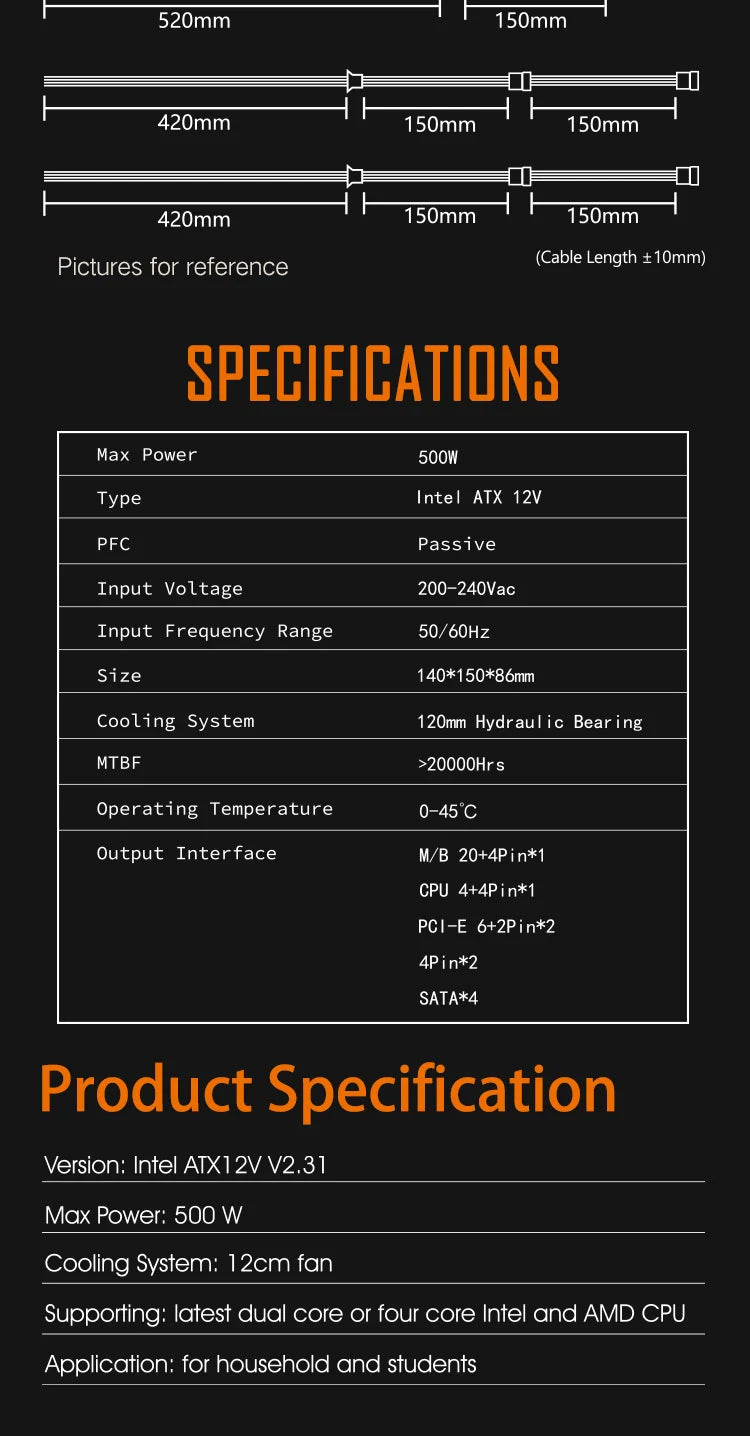 Aigo AK 500W PC PSU Power Supply Unit Black Gaming Quiet 120mm RGB Fan 24pin 12V ATX Desktop Computer Power Supply for BTC