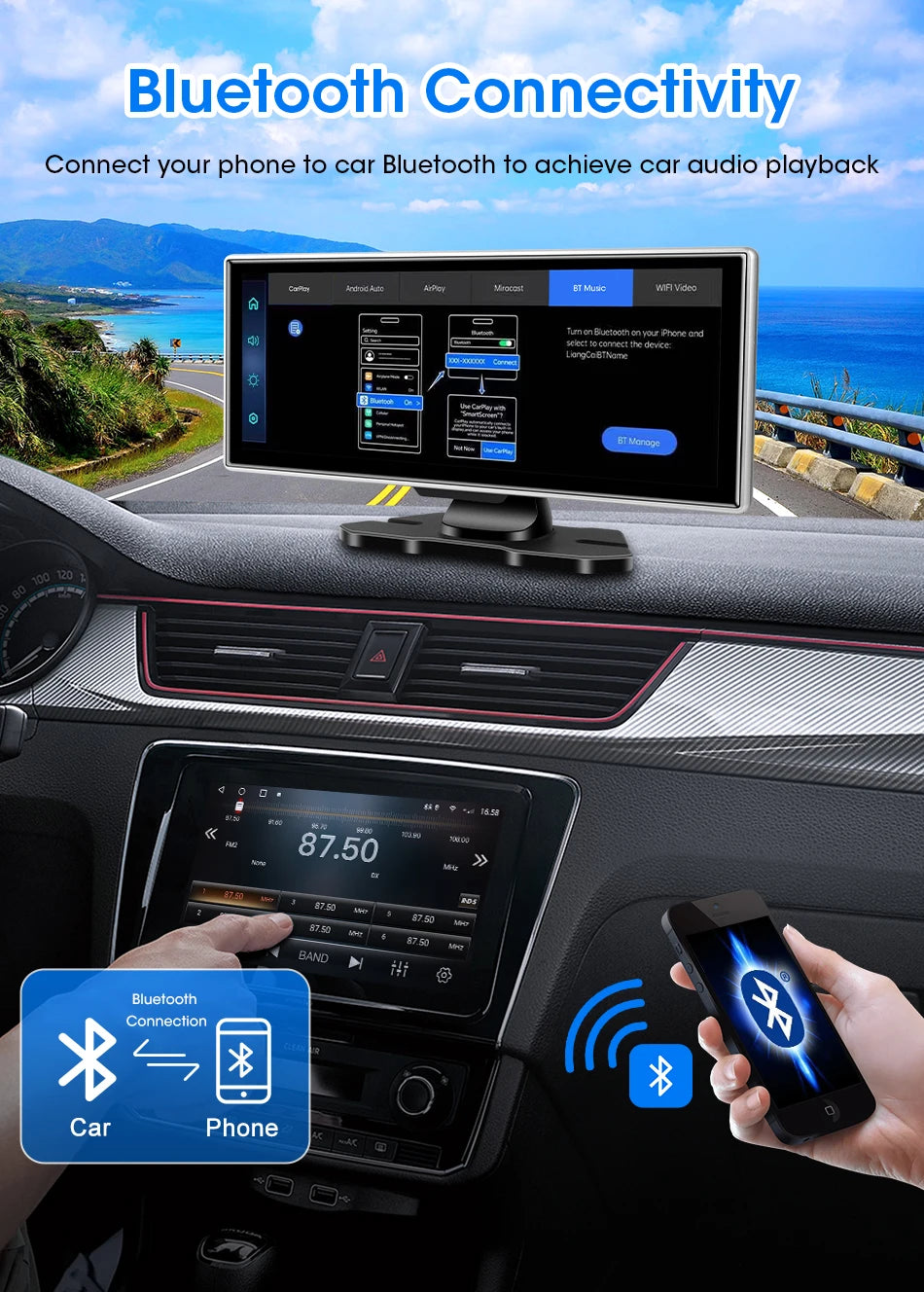 10/11.26 inch Dash Cam 4K Car DVR Wireless Carplay & Android Auto GPS Navigation Video Recorder Dashboard Dual Lens Wifi FM AUX