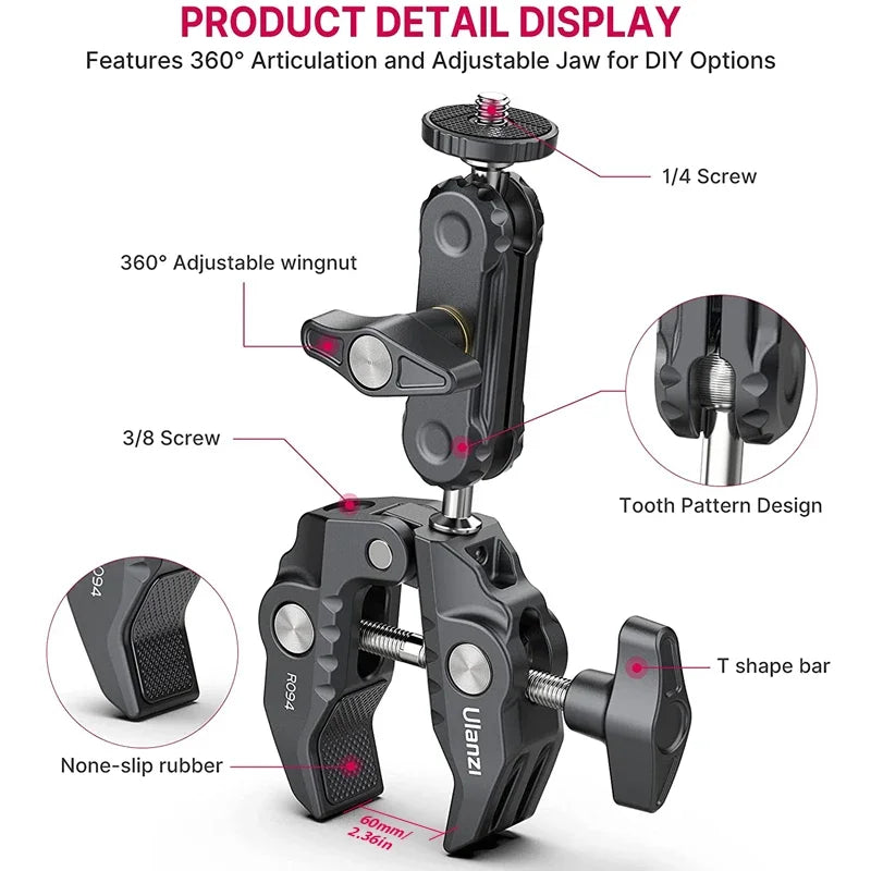 Ulanzi R094 Metal Super Clamp with Double Ball Head Magic Arm Clamp with 1/4" 3/8" Hole for DSLR Camera Monitor Light Mic Mount