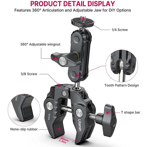Ulanzi R094 Metal Super Clamp with Double Ball Head Magic Arm Clamp with 1/4" 3/8" Hole for DSLR Camera Monitor Light Mic Mount