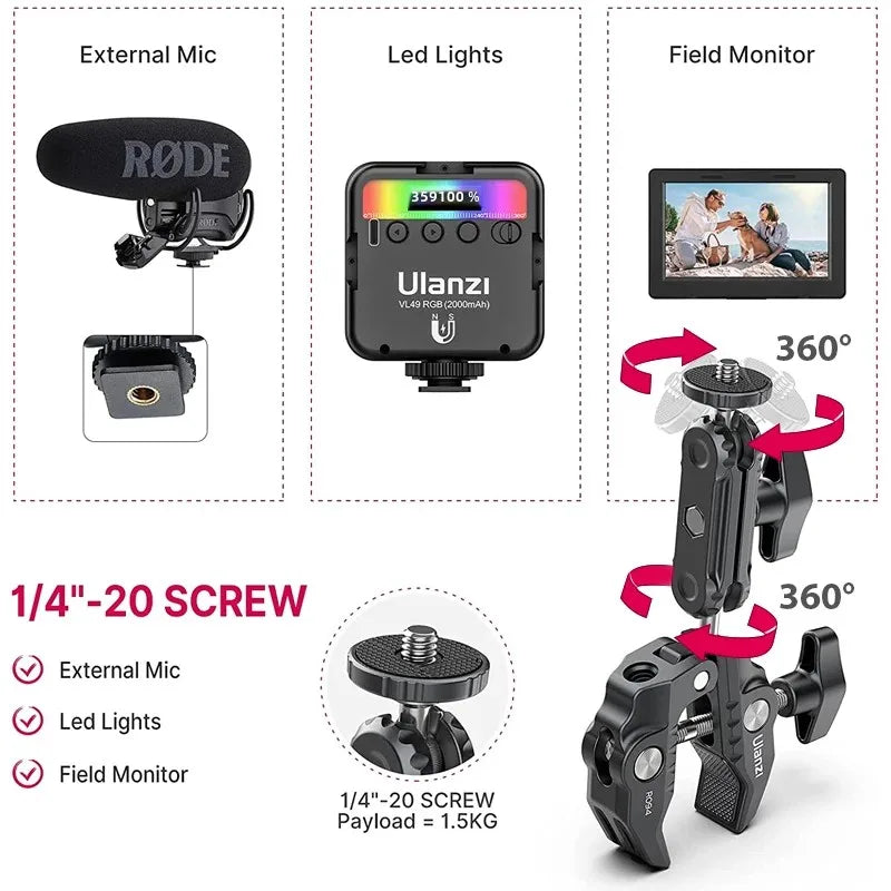 Ulanzi R094 Metal Super Clamp with Double Ball Head Magic Arm Clamp with 1/4" 3/8" Hole for DSLR Camera Monitor Light Mic Mount
