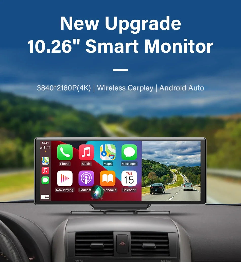 10.26'' Dash Cam 4K Car Mirror Video Player Wireless Carplay Android Auto GPS Car Monitor Multimedia Rearview Camera Dashboard