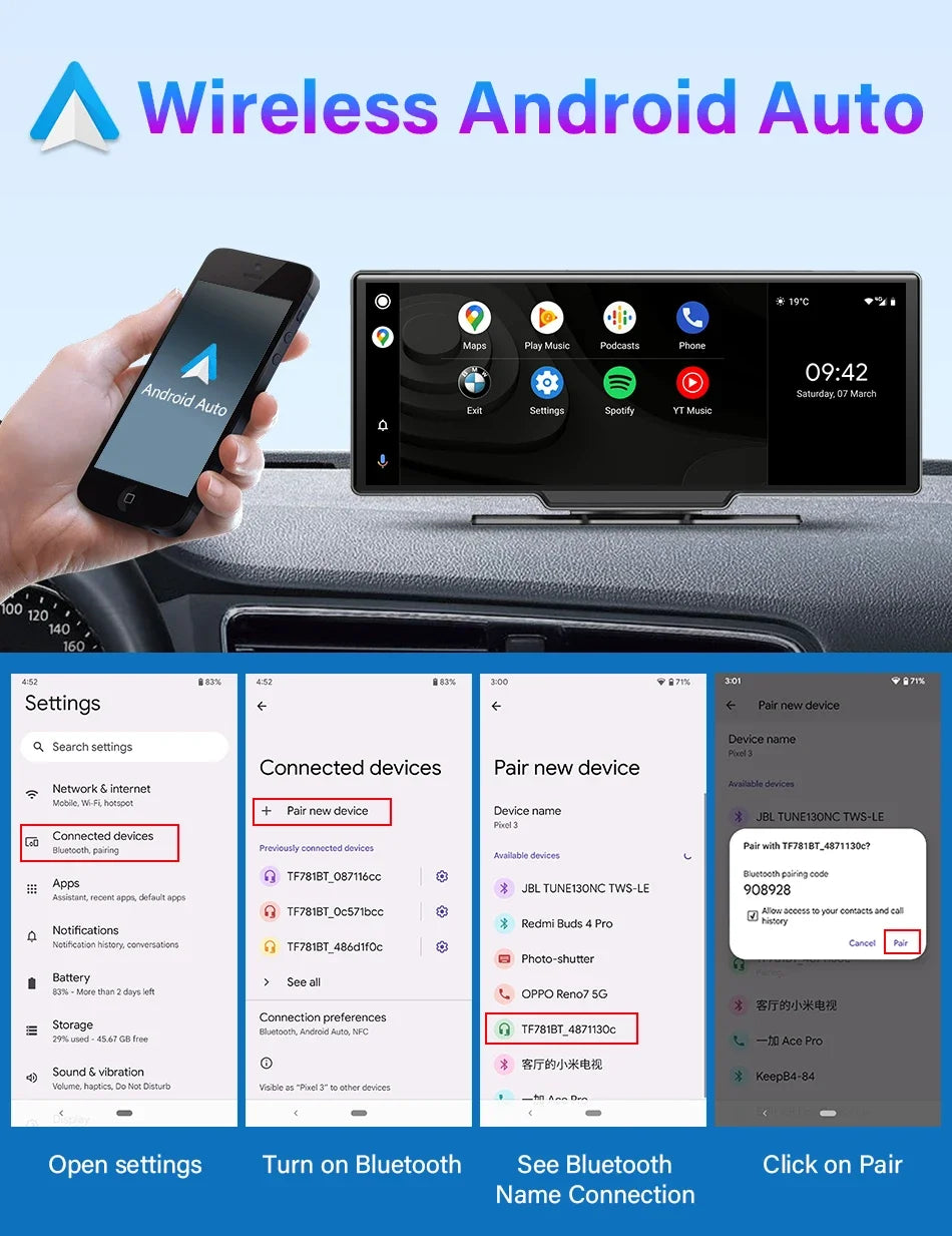 10.26'' Dash Cam 4K Car Mirror Video Player Wireless Carplay Android Auto GPS Car Monitor Multimedia Rearview Camera Dashboard