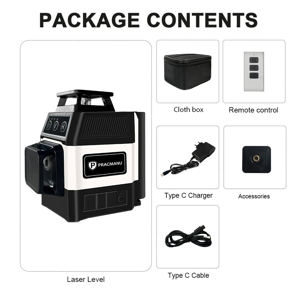 Pracmanu Mini 12 Lines 3D Laser Level 360 Self-Leveling Horizontal And Vertical Cross Line Laser Level Super Powerful Green Beam