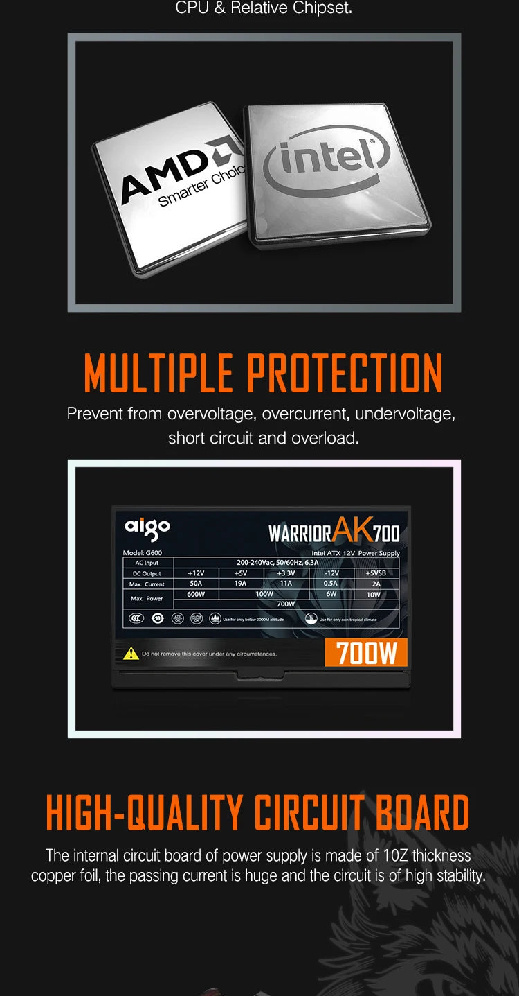 Aigo AK 700W PC PSU Power Supply Unit Black Gaming Quiet 120mm RGB Fan 24pin 12V ATX Desktop Computer Power Supply for BTC