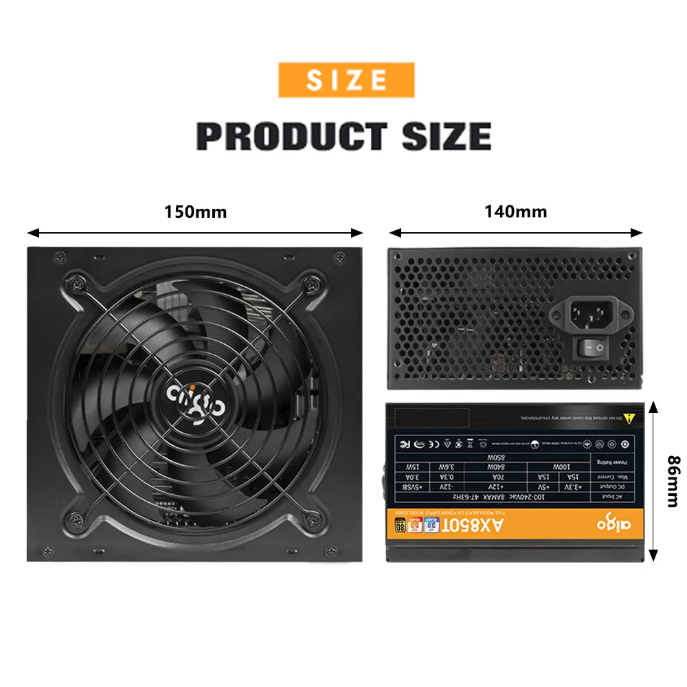 Aigo AX Power Supply 850W PCIE 5.0 ATX 3.0 Full Modular 80Plus Gold Certified Game PSU for NVIDIA RTX 20/30/40 AMD Graphics Card