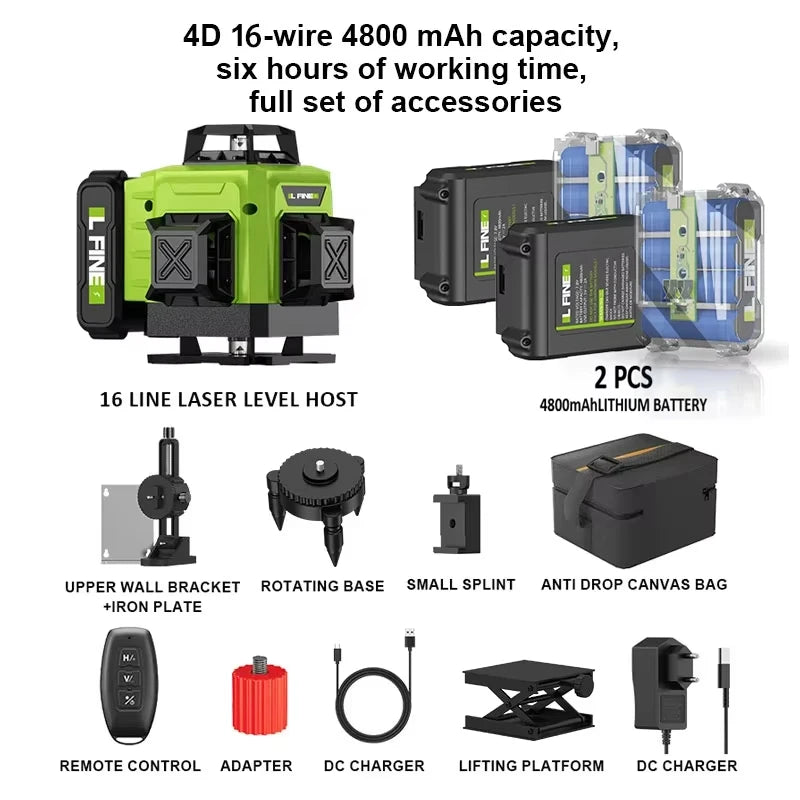 LFINE 3D/4D Laser Level 12/16 Lines Horizontal And Vertical With Remote Control 8 Lines 360°Self-leveling Laser Levels