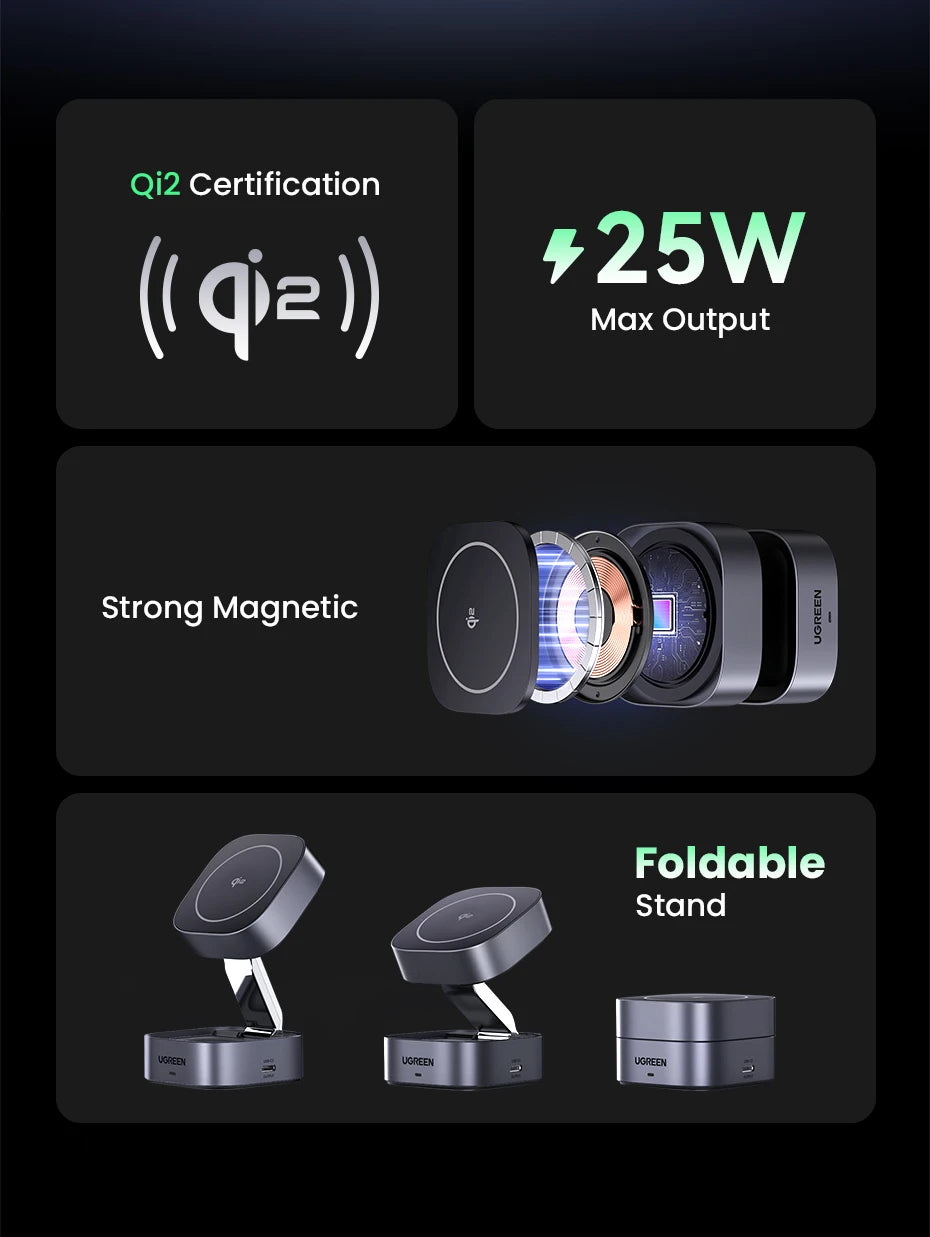 UGREEN Qi2 25W Magnetic Wireless Charger Stand 2-in-1 Charging Stand For iPhone 15 16 Pro Max/AirPods For MagSafe Fast Charger