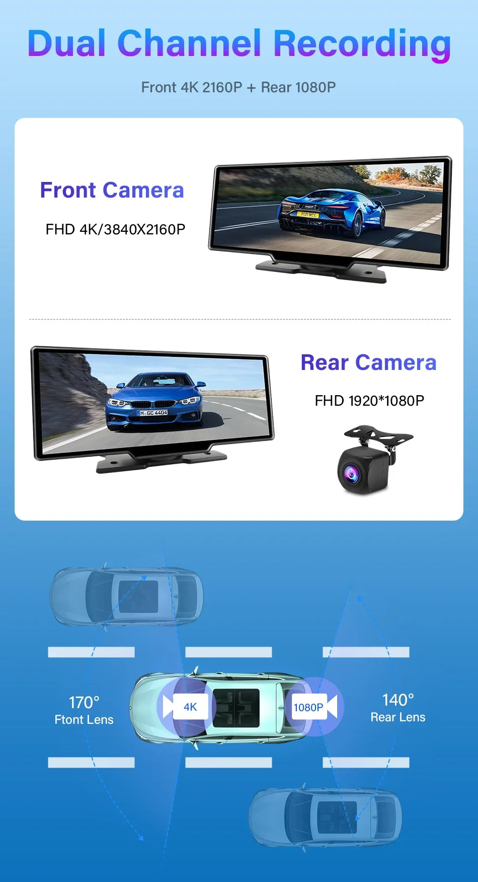 10.26'' Dash Cam 4K Car Mirror Video Player Wireless Carplay Android Auto GPS Car Monitor Multimedia Rearview Camera Dashboard