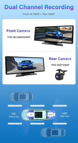10.26'' Dash Cam 4K Car Mirror Video Player Wireless Carplay Android Auto GPS Car Monitor Multimedia Rearview Camera Dashboard