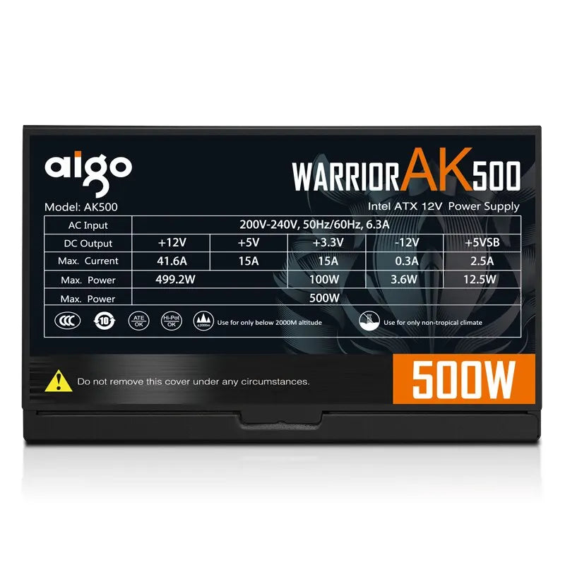 Aigo AK 500W PC PSU Power Supply Unit Black Gaming Quiet 120mm RGB Fan 24pin 12V ATX Desktop Computer Power Supply for BTC
