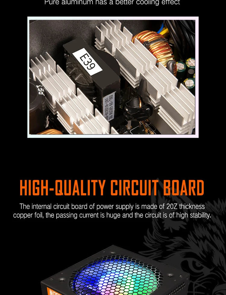 Aigo AK PC PSU Power Supply Unit 500W 600W 700W 800W 1000W Gaming 120mm RGB Fan 220V ATX Desktop computer Power Supply for BTC