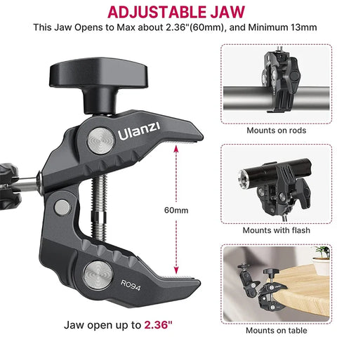 Ulanzi R094 Metal Super Clamp with Double Ball Head Magic Arm Clamp with 1/4" 3/8" Hole for DSLR Camera Monitor Light Mic Mount