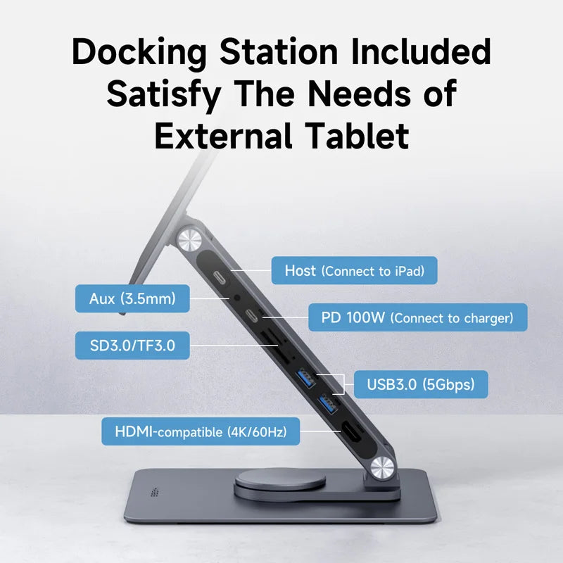 Hagibis Magnetic Stand for iPad Pro M4 2024 11inch 13inch with Hub Tablet Docking Station 360° Adjustable Mount Foldable Holder