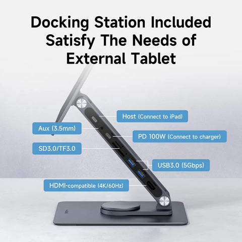 Hagibis Magnetic Stand for iPad Pro M4 2024 11inch 13inch with Hub Tablet Docking Station 360° Adjustable Mount Foldable Holder
