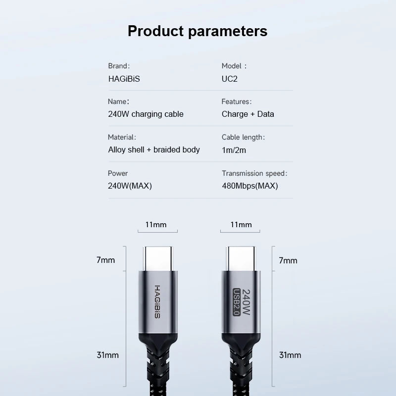 Hagibis 240W USB Type C Cable PD 3.1 Fast Charging Type C to Type C line for MacBook Pro Air PS4/5 iPhone 16 Switch iPad Samsung