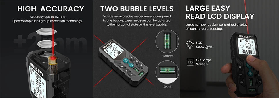 MILESEEY Laser Rangefinder D2 40M 60M 100M 120M Laser Tape Measure Double Horizontal Bubble Digital Roulette