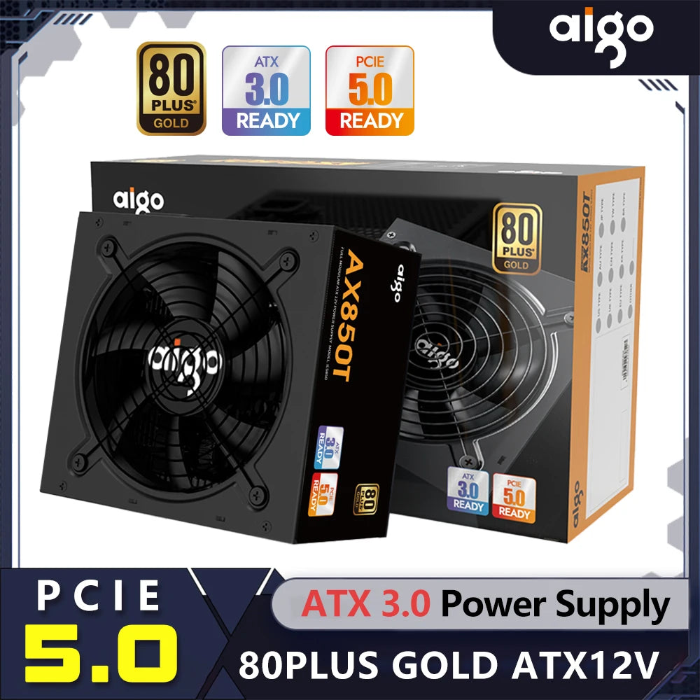 Aigo AX Power Supply 850W PCIE 5.0 ATX 3.0 Full Modular 80Plus Gold Certified Game PSU for NVIDIA RTX 20/30/40 AMD Graphics Card