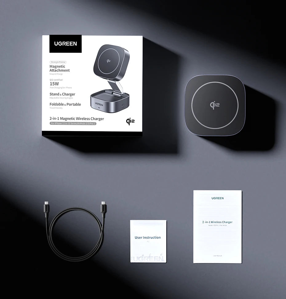 UGREEN Qi2 25W Magnetic Wireless Charger Stand 2-in-1 Charging Stand For iPhone 15 16 Pro Max/AirPods For MagSafe Fast Charger