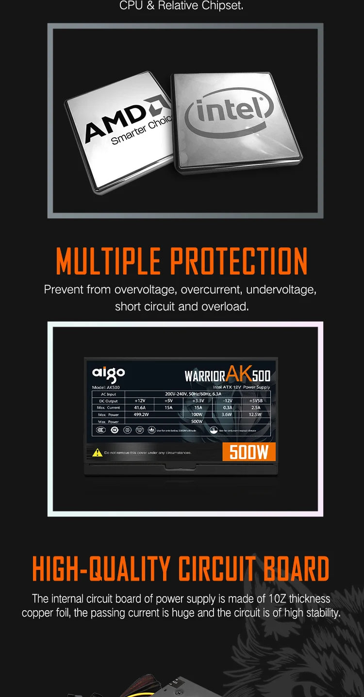 Aigo AK 500W PC PSU Power Supply Unit Black Gaming Quiet 120mm RGB Fan 24pin 12V ATX Desktop Computer Power Supply for BTC