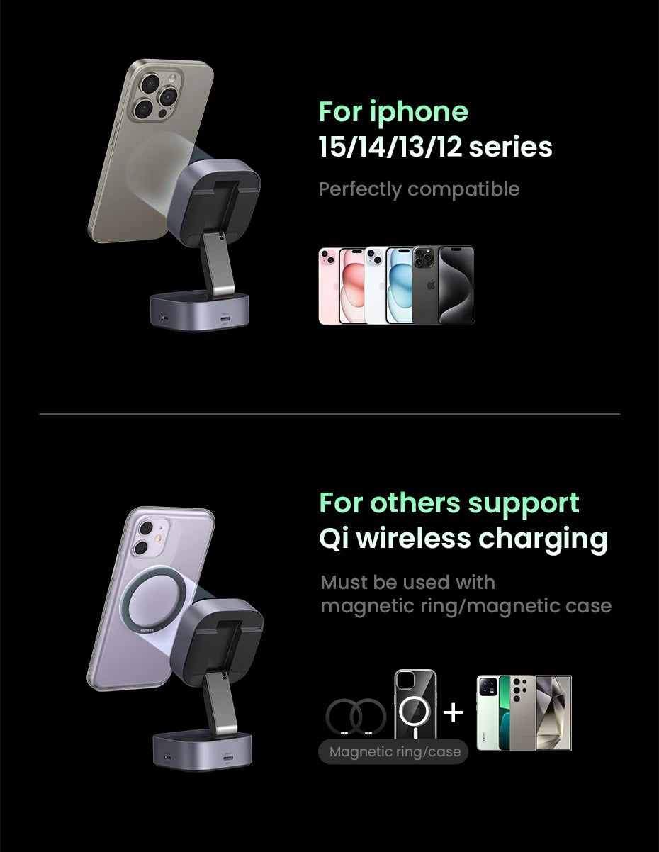 UGREEN Qi2 25W Magnetic Wireless Charger Stand 2-in-1 Charging Stand For iPhone 15 16 Pro Max/AirPods For MagSafe Fast Charger