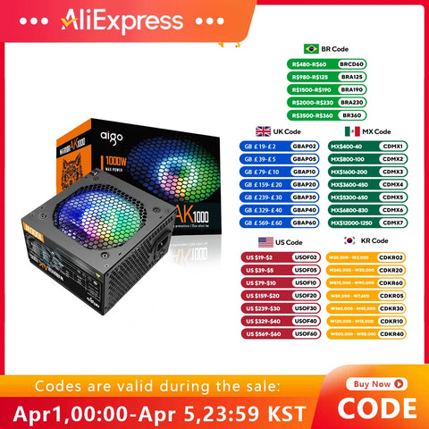 Aigo AK PC PSU Power Supply Unit 500W 600W 700W 800W 1000W Gaming 120mm RGB Fan 220V ATX Desktop computer Power Supply for BTC