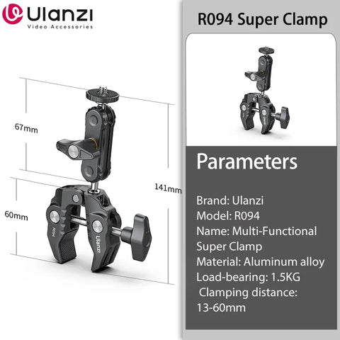 Ulanzi R094 Metal Super Clamp with Double Ball Head Magic Arm Clamp with 1/4" 3/8" Hole for DSLR Camera Monitor Light Mic Mount